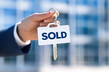 A hand holding a key with a 'SOLD' tag, symbolizing a completed real estate transaction and new ownership.