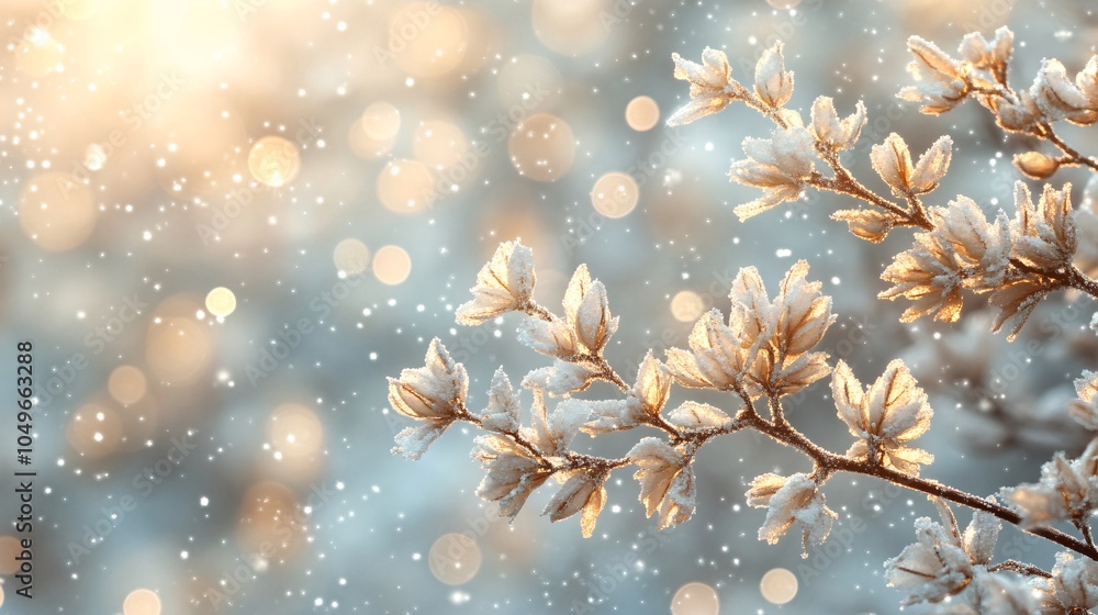 Poster a serene winter scene with frost-covered branches sparkling under soft sunlight, creating a magical,