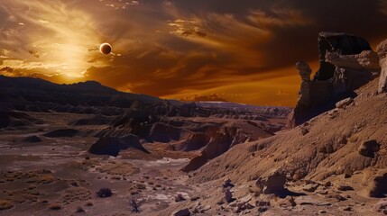 Fototapeta premium A breathtaking view of a remote desert mesa with unique, crystalline rock formations and a rare, vivid solar eclipse casting an unusual light over the arid terrain