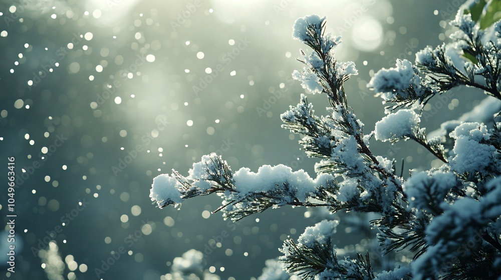 Poster a serene winter scene featuring a snow-covered branch, with soft snowfall and gentle light creating 