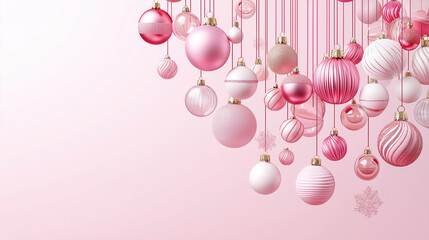 Romantic Pink Christmas Border with Cascading Ornaments in Various Textures and Patterns