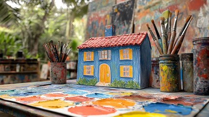 A vibrant miniature blue house surrounded by art supplies showcases creativity and craftsmanship in an outdoor studio setting.