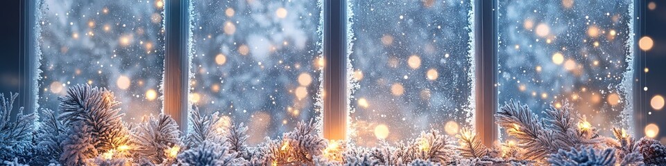 Winter scene with snowfall, trees, and lights