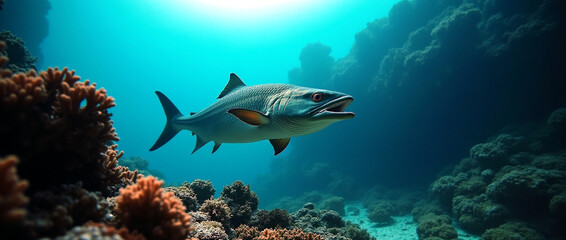 Obraz premium Drawing of sea life in a dramatic underwater shot of a predator fish, like a barracuda, hunting in the shadows of a reef