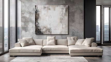 Modern living room interior with beige sofa, black coffee table and lamp., A bedroom featuring a mix of textured wall panels