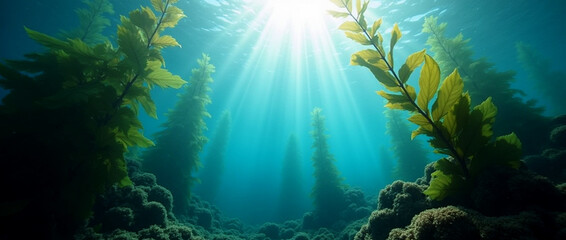Fototapeta premium Drawing of sea life in a serene underwater landscape with swaying kelp forests and sunlight filtering through the surface