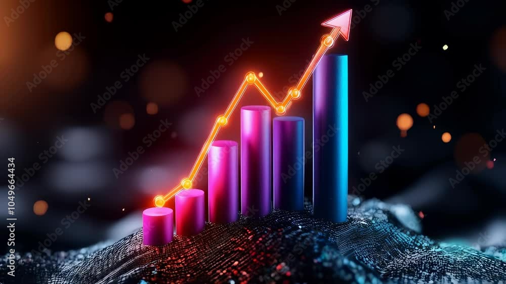 Poster visualize colorful financial growth chart with upward arrows and bars, symbolizing business success 