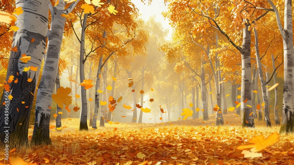 Poster a tranquil forest path is blanketed with colorful autumn leaves, while trees showcase a brilliant tr