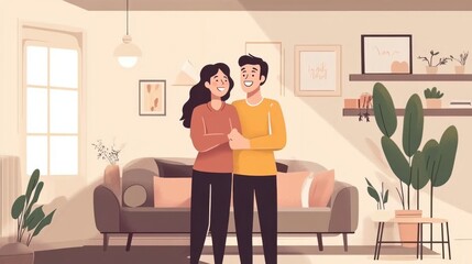 Fototapeta premium Happy couple moments in the living room, smiling and embracing, cozy atmosphere, promoting love and warmth at home, stock-ready,