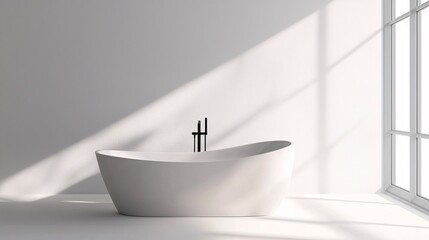 An elegantly minimalist freestanding tub features sleek curves and a contemporary design against a pristine backdrop.
