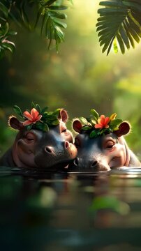 Serene Water Setting Adorable Hippos with Floral Crowns Amidst Lush Greenery, Capturing Essence of Wildlife, Nature, and Tropical Beauty.