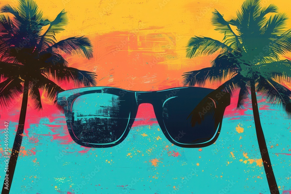 Aufkleber sunglasses against a colorful beach backdrop with swaying palm trees, capturing the essence of a tro