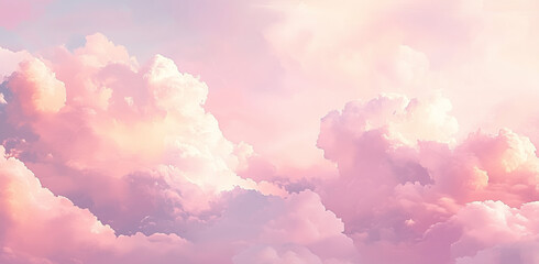 Fototapeta premium Fantasy sky with sugar cotton pink pastel clouds in a dreamy background