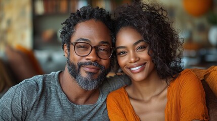 A joyful African American couple sits closely together, sharing smiles and warmth, showcasing love and companionship in a cozy setting.