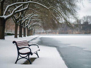 A solitary bench sits along a snow-covered path beside a frozen lake, framed by barren trees in a tranquil winter landscape.