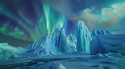 A breathtaking view of a remote, high-altitude ice plateau with massive, crystalline ice columns and a rare