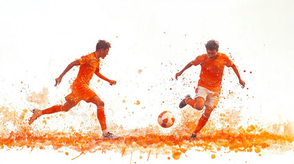 Orange watercolor painting of soccer players are fighting for the ball