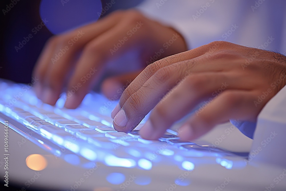 Poster close-up of hands typing on a illuminated keyboard