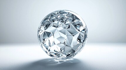 A crystal-clear glass sphere featuring an intricate geometric pattern is beautifully reflected against a white backdrop.