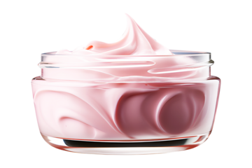 Hygienic pink color paint face cream in jar glass clear moisturizer. isolated on cut out PNG or transparent background. Beauty facial cosmetic product texture. Makeup realistic cosmetics for women.