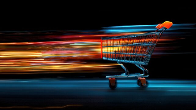 A dynamic image of a shopping cart in motion, representing fast shopping and consumerism with vibrant light trails in the background.