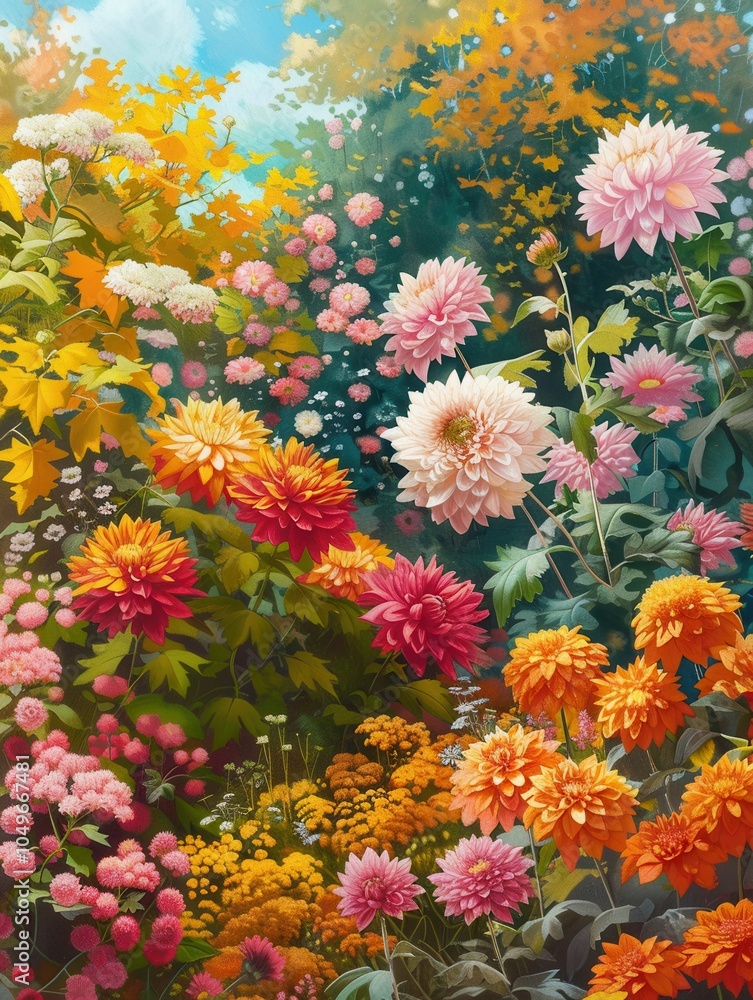 Poster the garden bursts with vibrant chrysanthemums and dahlias, showcasing a colorful array of autumn flo