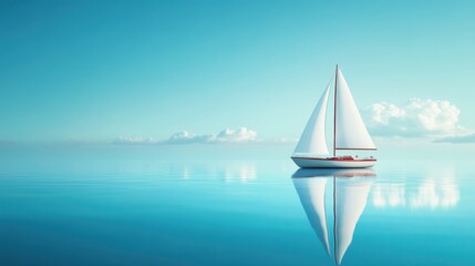 Fototapeta premium A solitary sailboat glides across the glassy surface of the ocean, disappearing into a horizon where the sky meets the water in a surreal embrace.