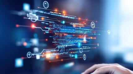 Futuristic digital interface showcasing data streams and technological elements, symbolizing innovation and information processing.