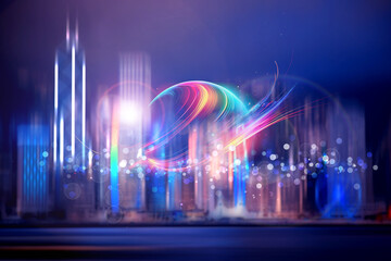 A vibrant, colorful orb floats above a futuristic city skyline. Glowing lights illuminate the scene, suggesting a dynamic and technologically advanced urban environment.