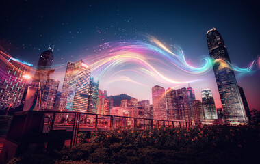 A vibrant city skyline with glowing colorful streaks of light in the sky, illuminating the urban...