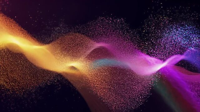 dynamic 3D animation featuring rainbowcolored particles that form waves color shifts correlating particle speed captivating visual effects suitable diverse applications captured