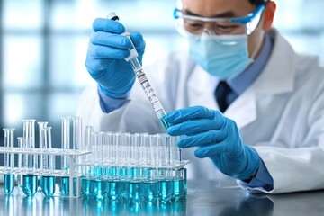 Scientist in lab coat conducts experiment with pipette and test tubes, showcasing innovation and research in laboratory environment.