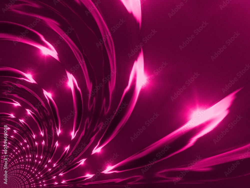 Poster sky with clouds, suns, sunlights and sunrays - abstract graphics in pink color and effect of perspec