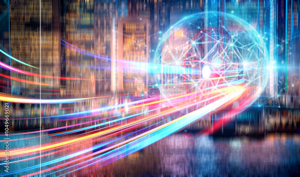 Poster a glowing orb of interconnected lines and nodes sits in front of a city skyline, with streaks of col