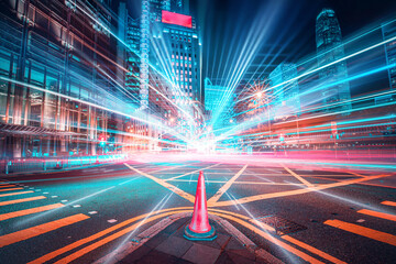 A city street at night with vibrant streaks of light radiating out from the center, suggesting...