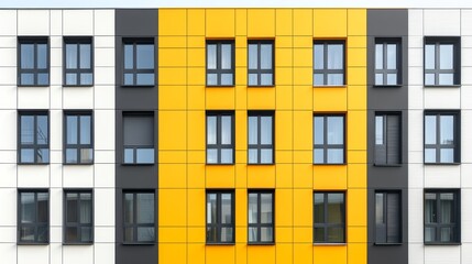 Obraz premium Vibrant yellow and white architectural design, a building with numerous windows characterized by modernity geometric patterns