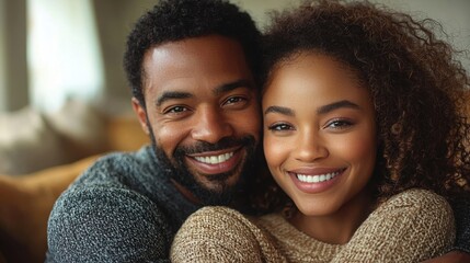 A joyful african american couple embrace, showcasing their love and happiness with warm smiles, sitting closely together in a cozy environment.