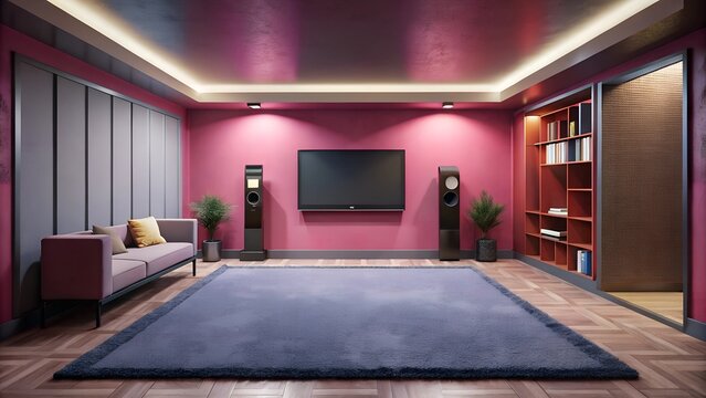 Minimalist interior design of modern entertainment room with carpet dark pink wall