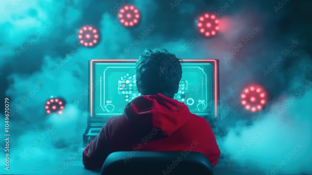 Poster a retro futuristic gamer sitting in front of a glowing computer screen, surrounded by steam pipes an