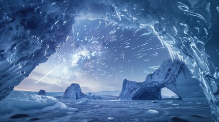 A breathtaking view of an isolated ice arch with crystalline formations and a rare, vivid meteor shower streaking through the twilight sky, Ice arch scene
