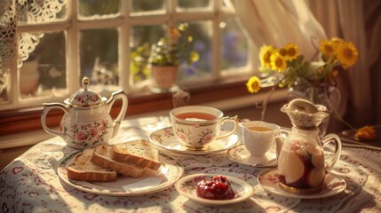Fototapeta premium Tea Time with Toast, Jam, and a View