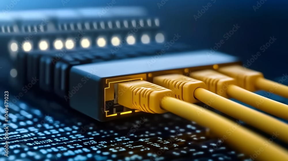 Poster closeup of network cable connected to computer, exploring the world of digital connectivity and data