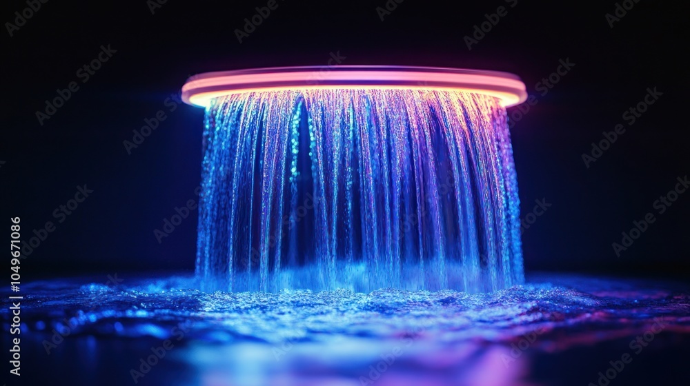 Poster a vibrant display of cascading water illuminated by colorful lights.