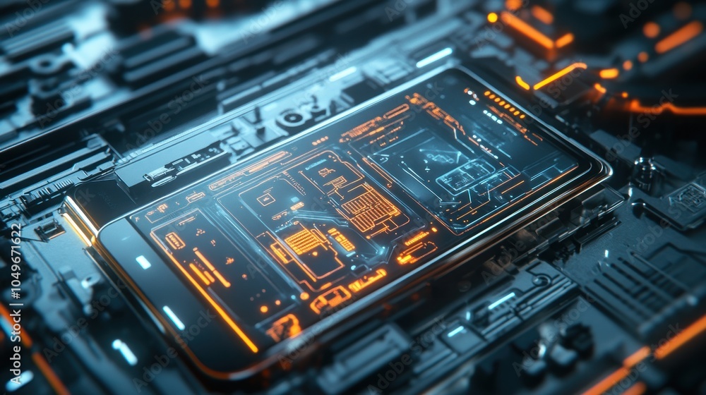Poster a futuristic smartphone displayed on a circuit board with glowing elements.