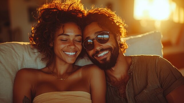 A happy biracial couple smiles closely together while sitting on a couch, enjoying the warm glow of sunset. Their joyful expressions radiate warmth and love.