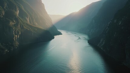 A breathtaking view of the fjords in Norway during the midnight sun, Fjord scene, Ethereal style