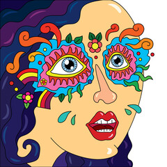 Blue hair girl in mask with flowers in 60s style on isolated background. Easy to edit. Plenty of space for text/copy.