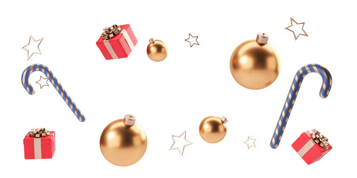 Christmas ornaments, candy canes, gifts, and stars floating on white background. Festive holiday decoration concept. 3D Rendering