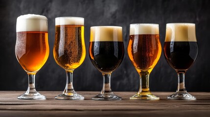Diverse craft beer styles in glasses, ranging from light lagers to dark stouts, with creamy foam, Craft Beer Experience, Beer Tasting