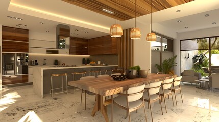 Fototapeta premium Interior of modern dining room with wooden walls